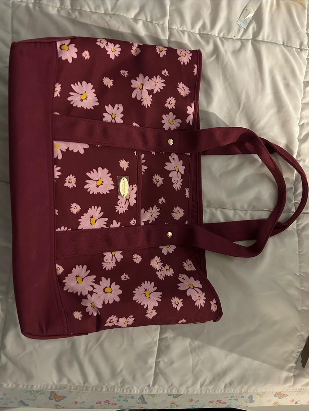 Coach Maroon Floral Tote with Pink Daisies
